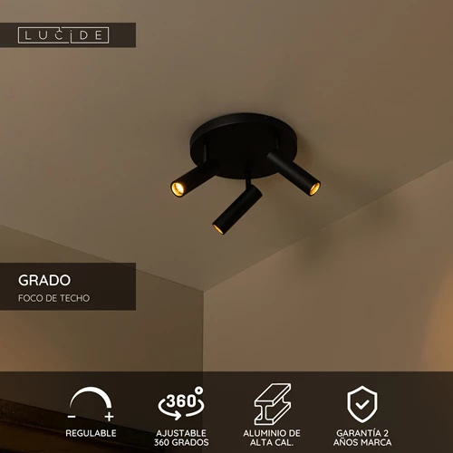 Lucide GRADO - Foco de techo - Ø 25 cm - 3xGU10 (MR11) - Negro - USP